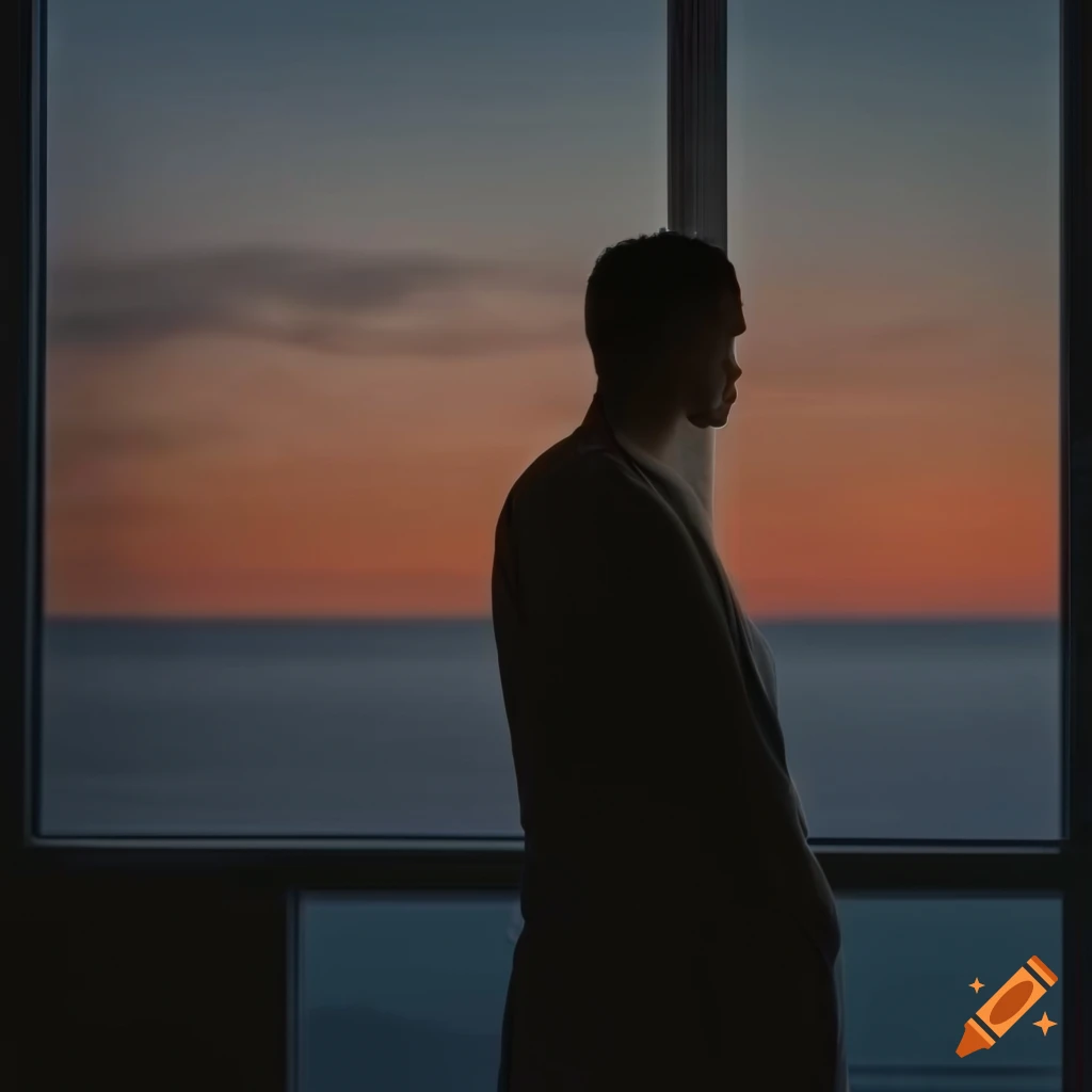 Man looking out a window at dusk sky