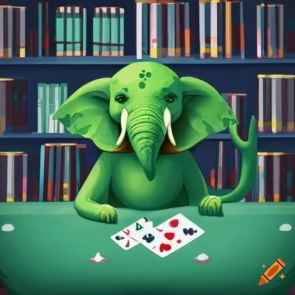 Green elephant playing cards at a table with a bookcase in the background