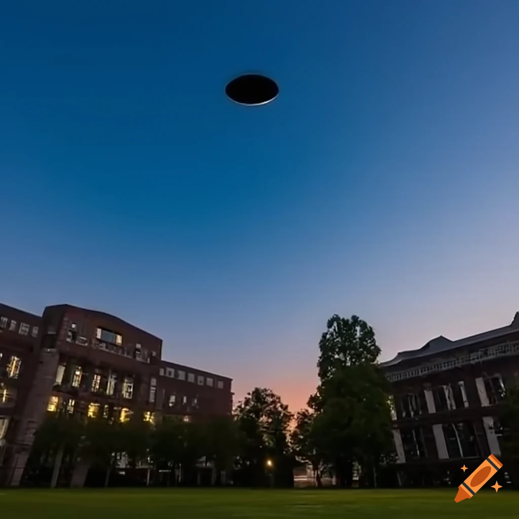 UFO flying over university campus in a friendly atmosphere