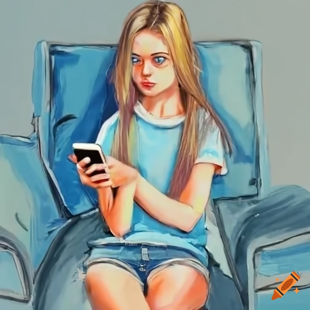 Girl with long blonde hair sitting on a sofa and using her phone