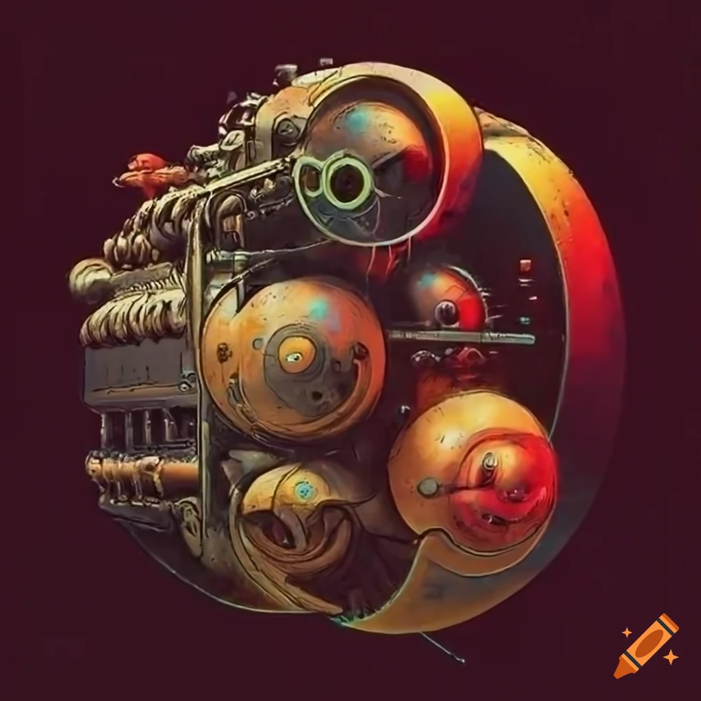 Vintage locomotive retrofitted with a powerful engine in a sci-fi organic machine art style