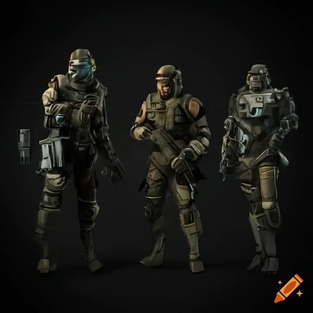 Top view of armed space sci-fi soldiers