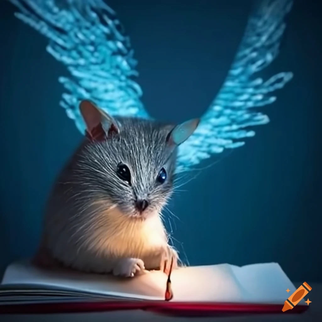 Magic book with a winged mouse beside it