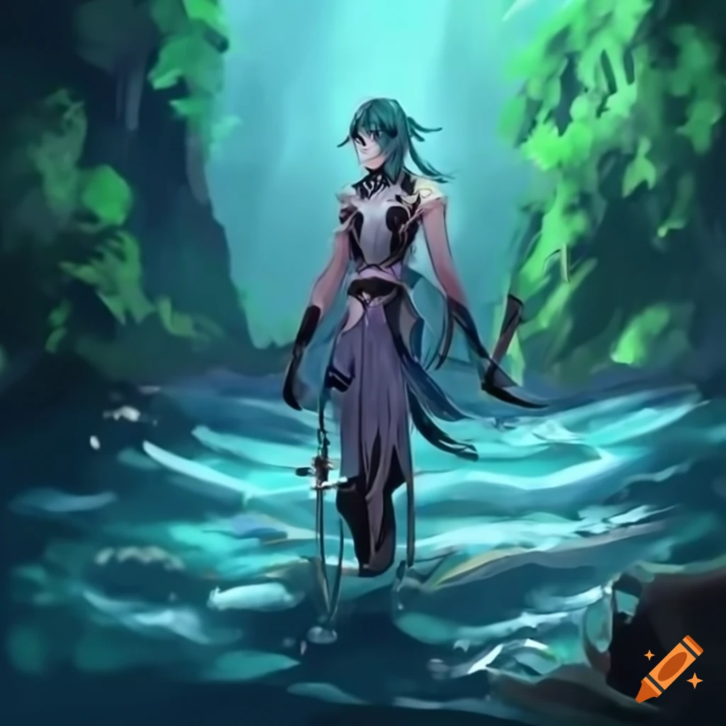 Xiao from Genshin Impact standing under a breathtaking waterfall