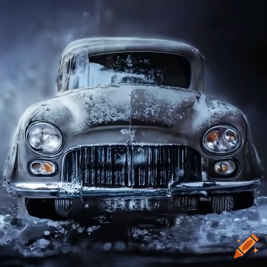 Oldtimer car frozen in a shiny ice cube at a city road junction