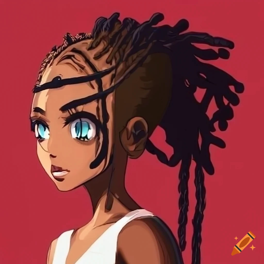 Cute African girl with dreadlocks and ebony skin in anime style