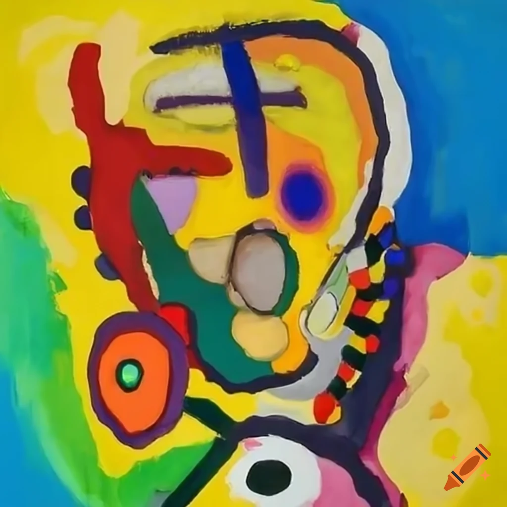 Colorful painting of a winning athlete at a medal ceremony by Kandinsky and Karel Appel