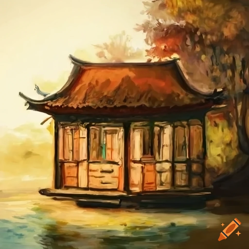 Traditional Chinese hut painted in Claude Monet style