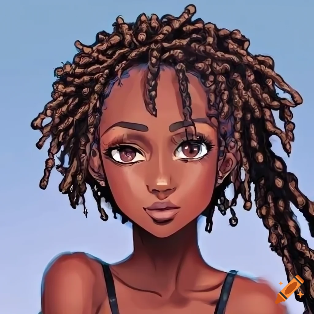 Cute African girl with dreadlocks and ebony skin in anime style