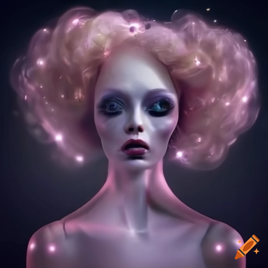 Surrealist aliens inside organic spaceship with strange machines and light boards