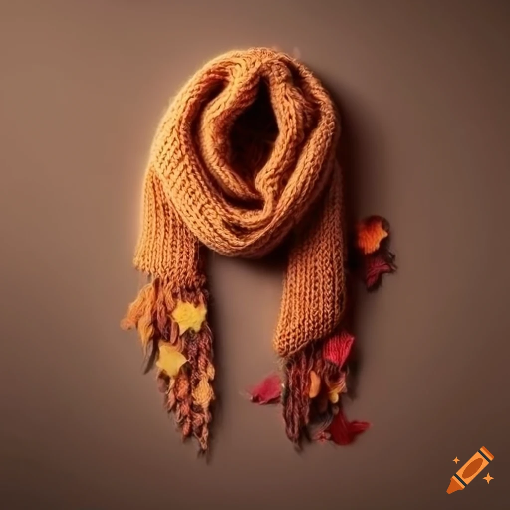 Bespoke knitted scarf surrounded by autumn leaves