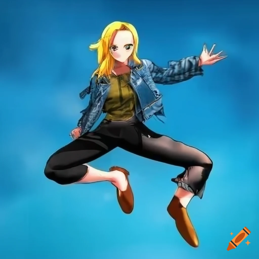 Iconic anime character Android 18 in dynamic gymnastics pose with denim jacket and black skirt