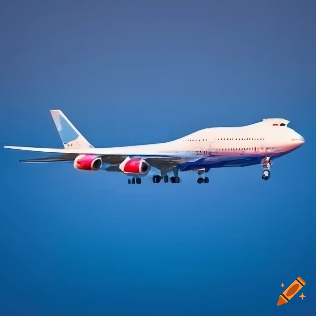Side view of a UVAYR airline 747 with light blue tail and front in a clouded sky
