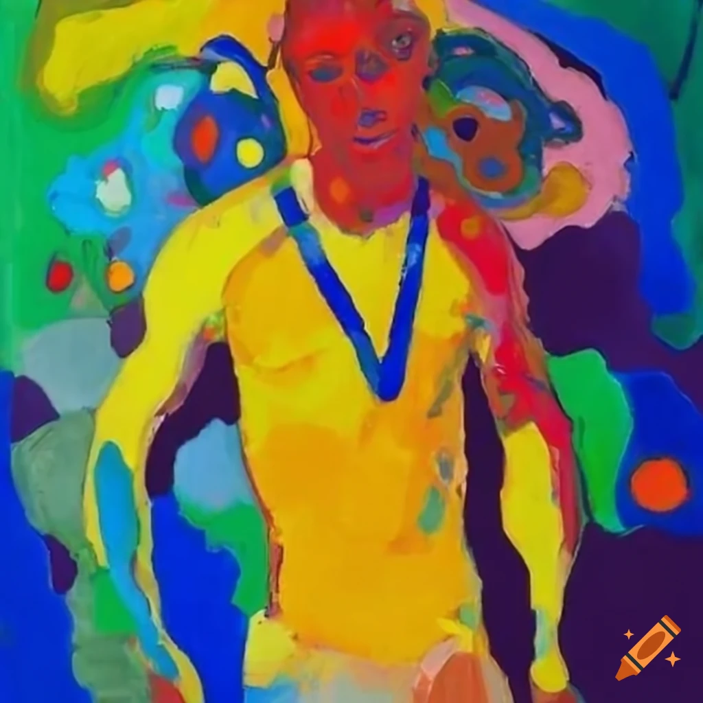 Colorful painting of a winning athlete at a medal ceremony by Kandinsky and Karel Appel