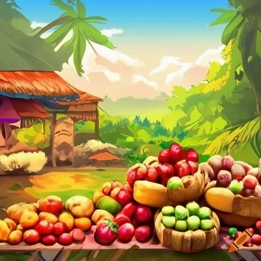 Colorful Indian fruits and vegetables at a rustic farm stand in anime style against a countryside landscape