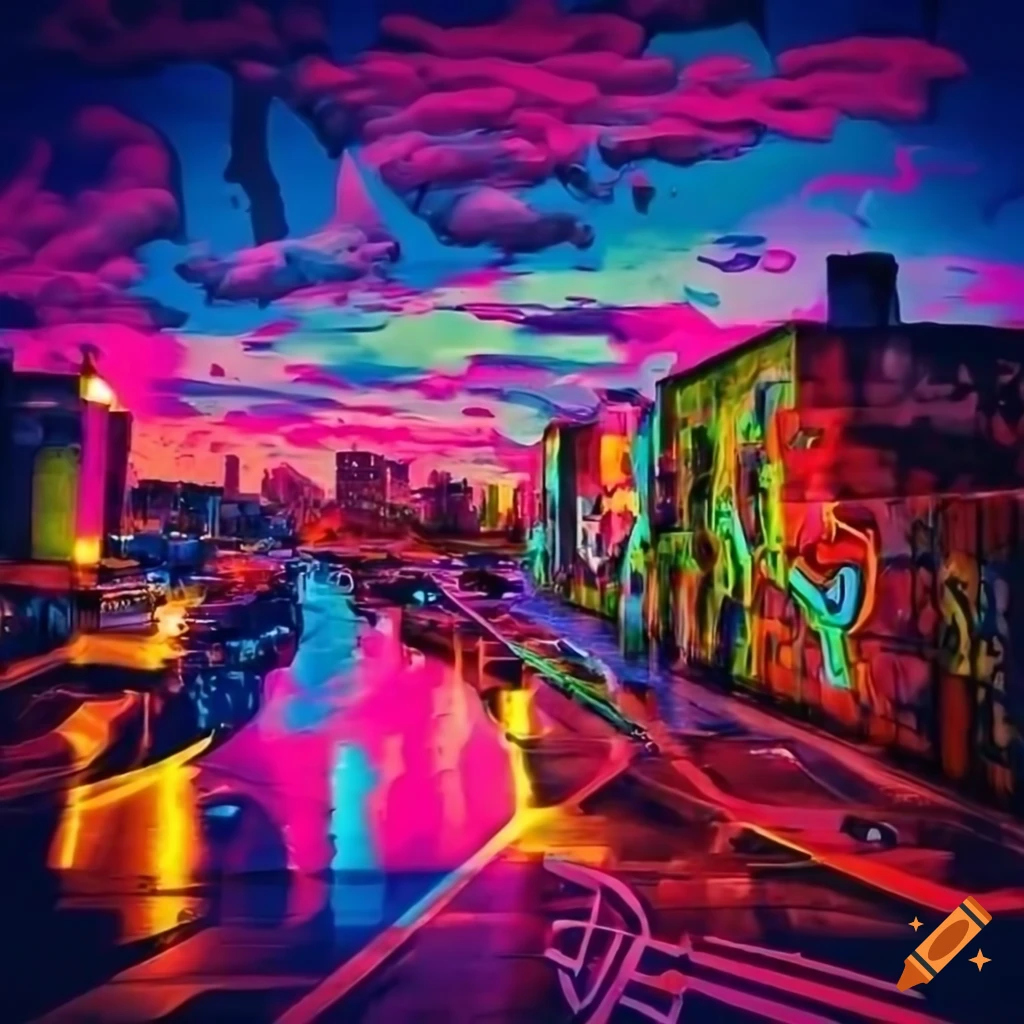 Vibrant urban landscape with colorful graffiti and neon signs