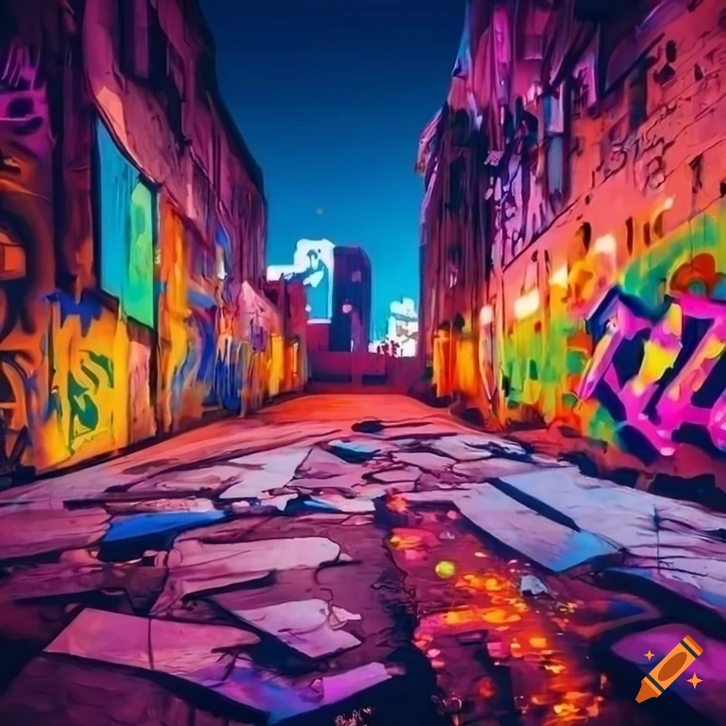 Vibrant urban landscape with colorful graffiti and neon signs