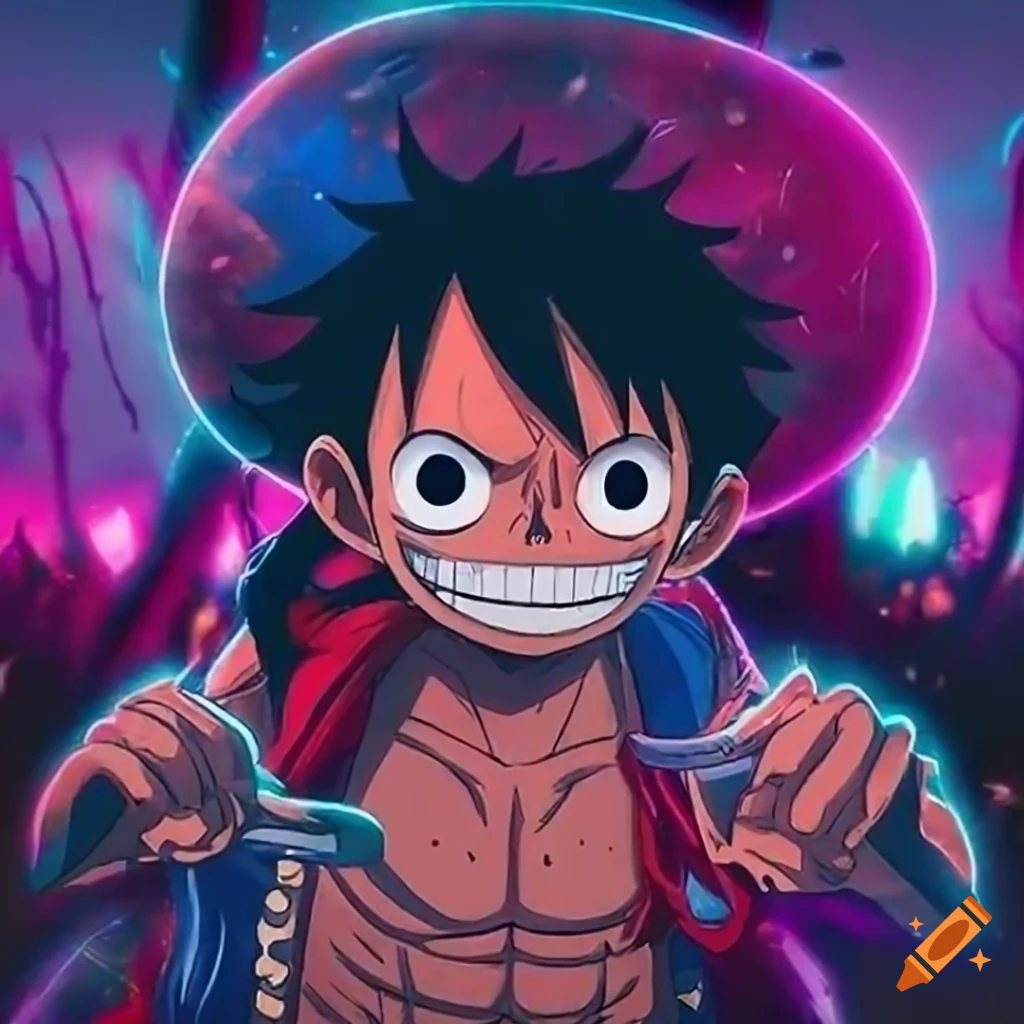 Luffy and his crew from One Piece in neon-lit esoteric style navigating a mystical forest at night