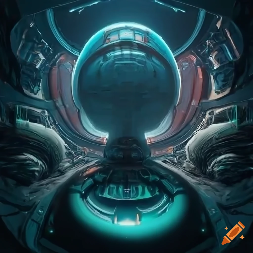 Surrealist aliens exploring an asymmetrical organic spaceship with strange machines and lights