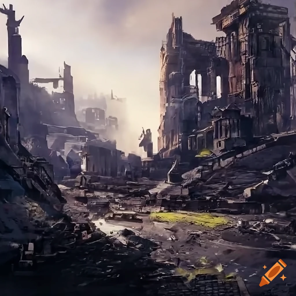 Masterchief in city ruins with a Gears of War theme in 8k resolution