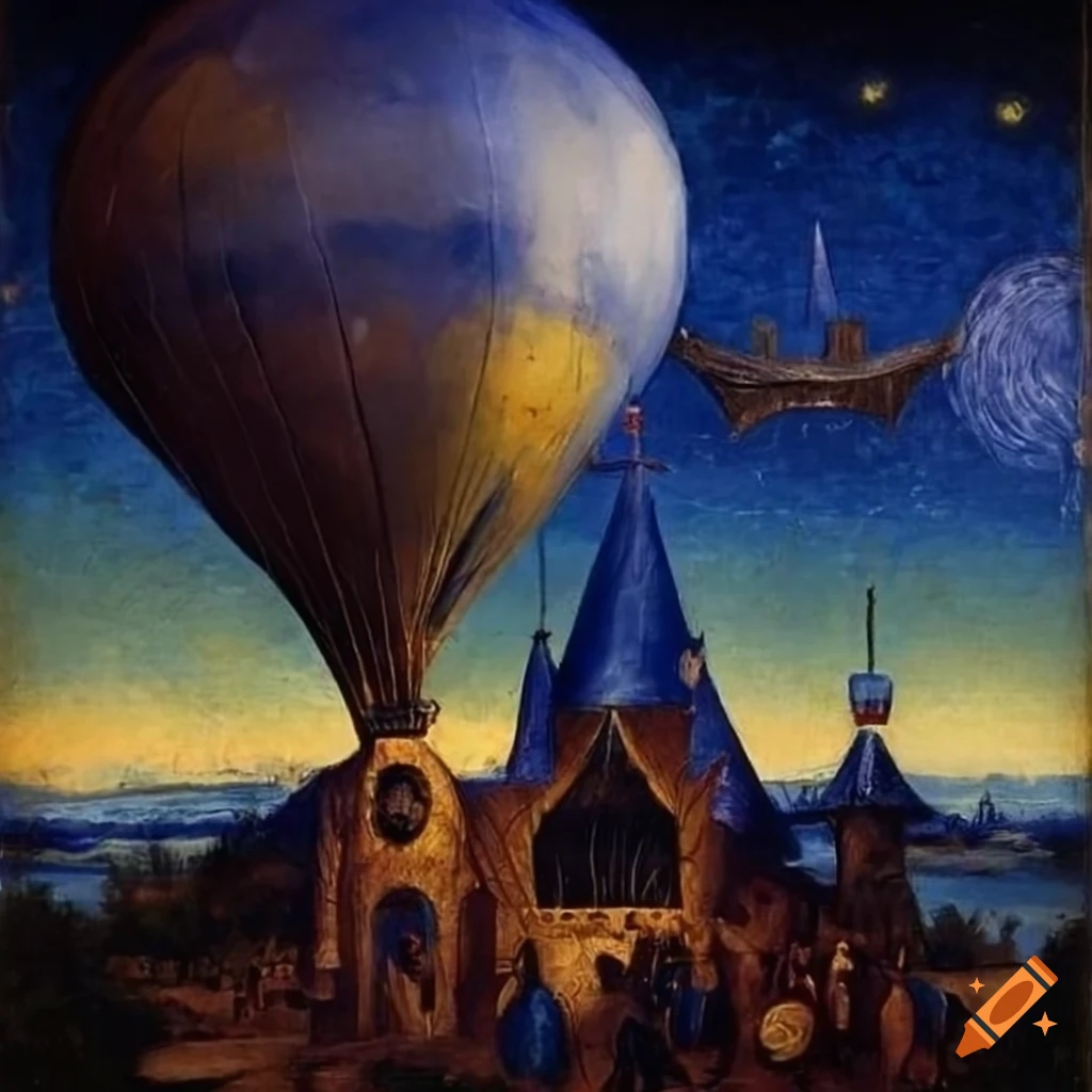 Detailed hot air balloon painting on a starry night in a medieval style