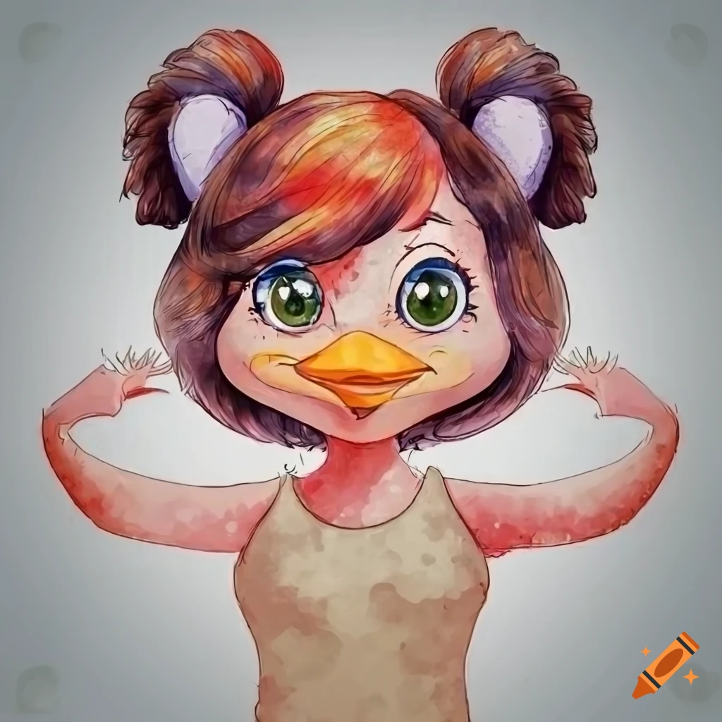 Chubby anthropomorphic duck girl with red hair in a tan t-shirt