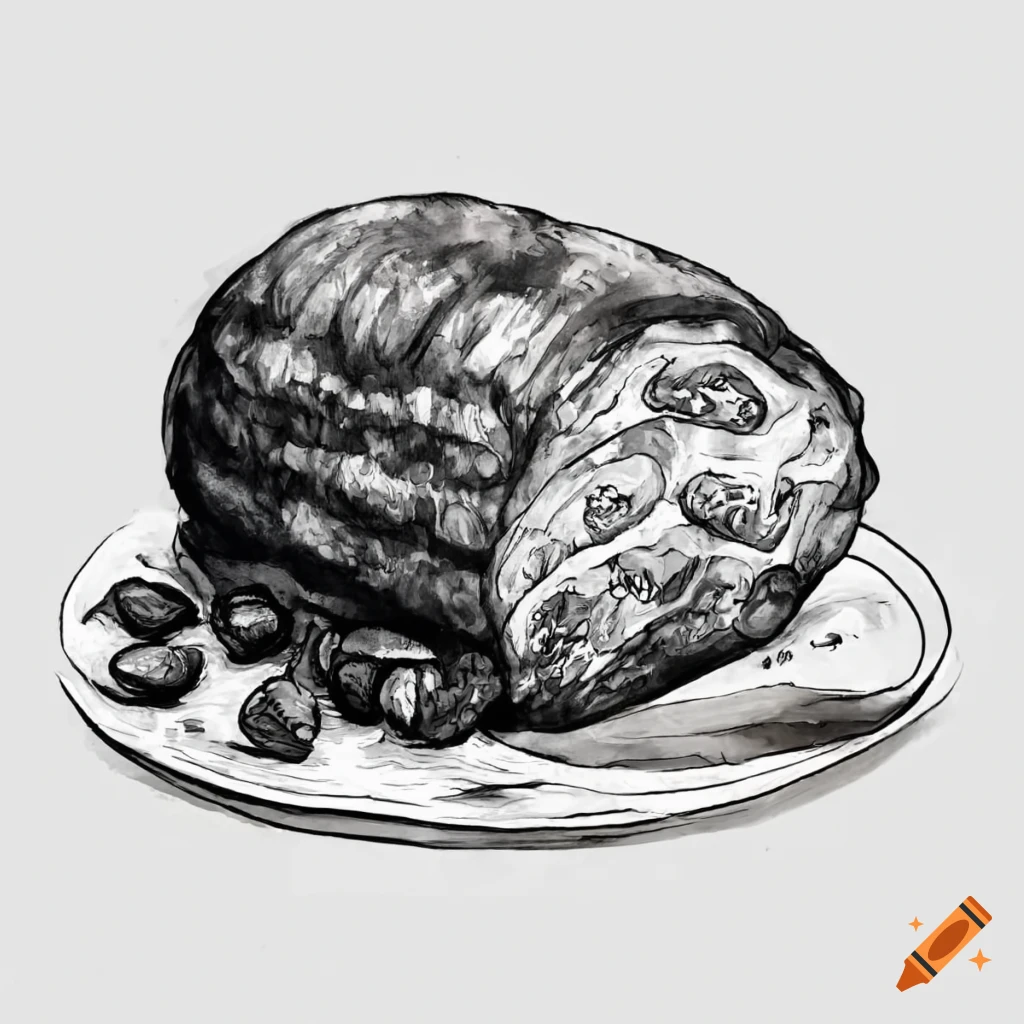Pork stuffed with cheese and mushrooms in black and white drawing