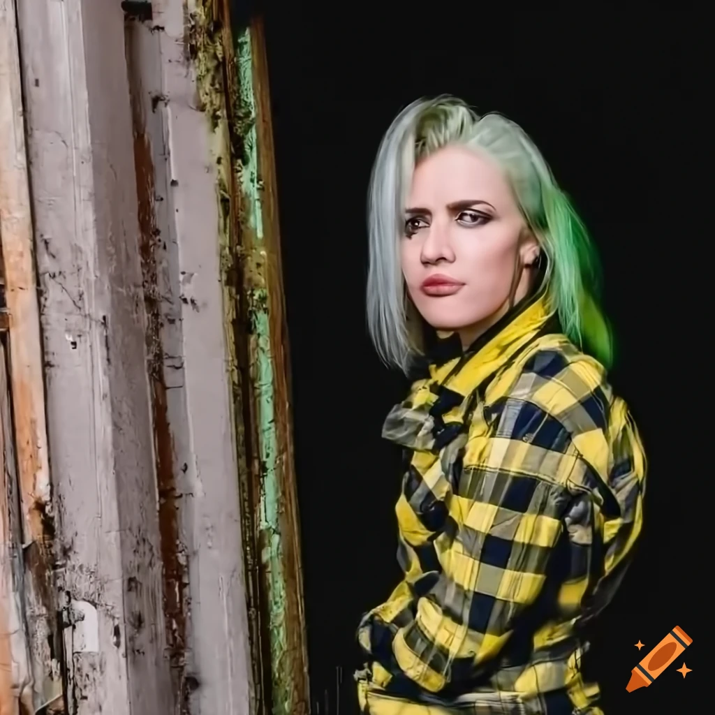 English punk-rocker woman with mohawk hairstyle in yellow plaid shirt and black leather trousers peeking through doorway