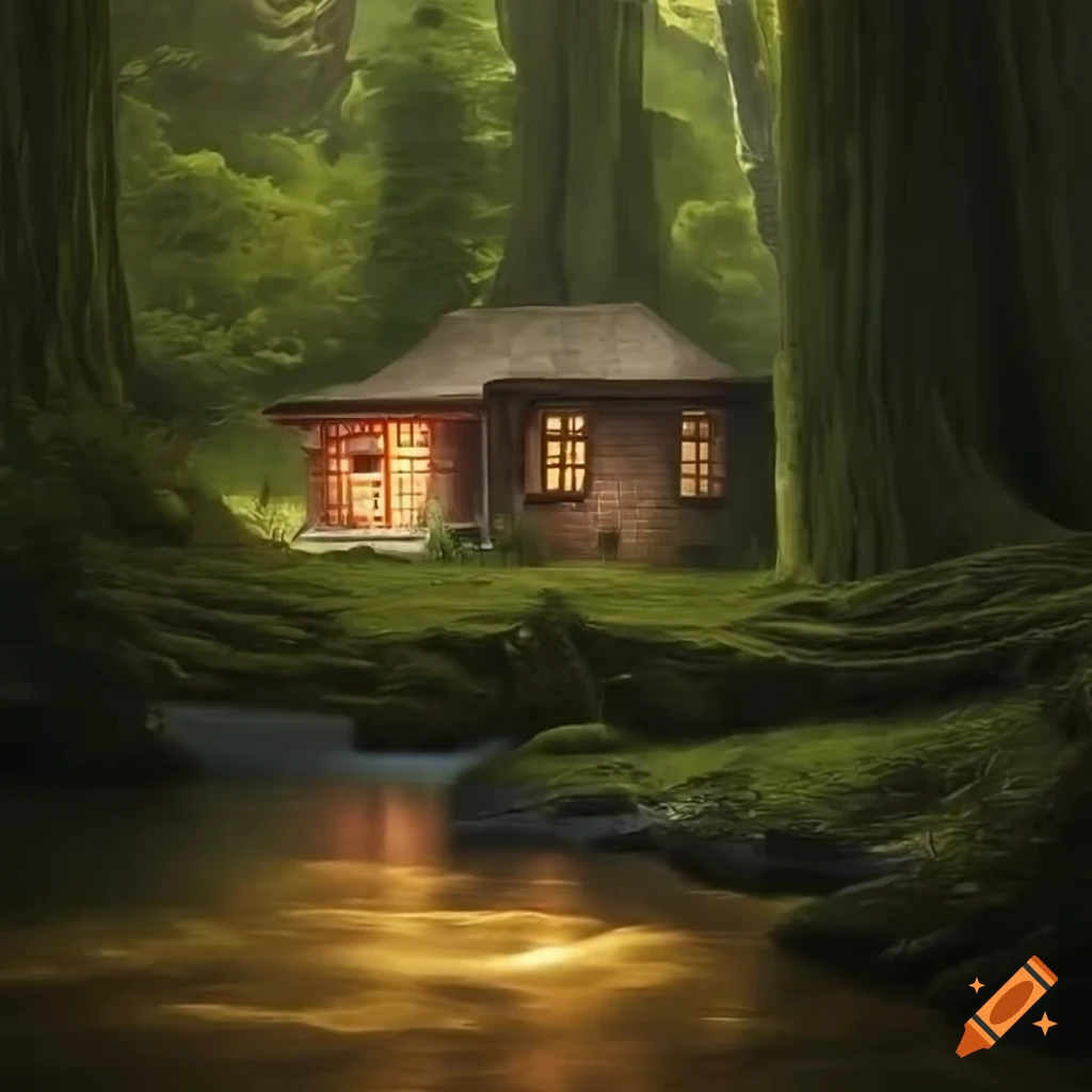 Cottage by a waterfall surrounded by giant trees in a realistic style