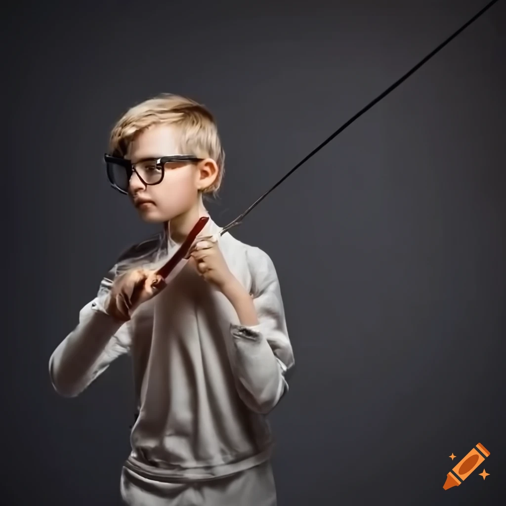 Blonde boy with glasses practicing fencing