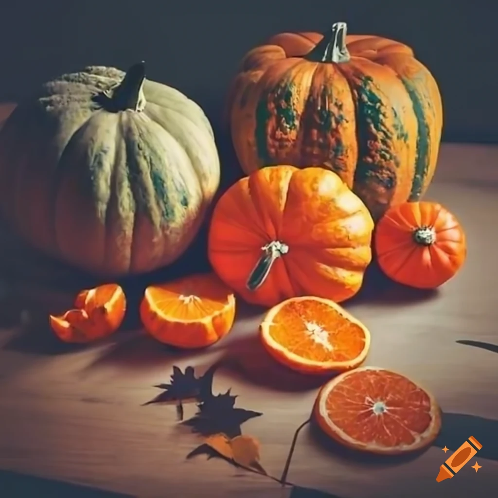 Autumn scene with pumpkins, oranges, and gourds