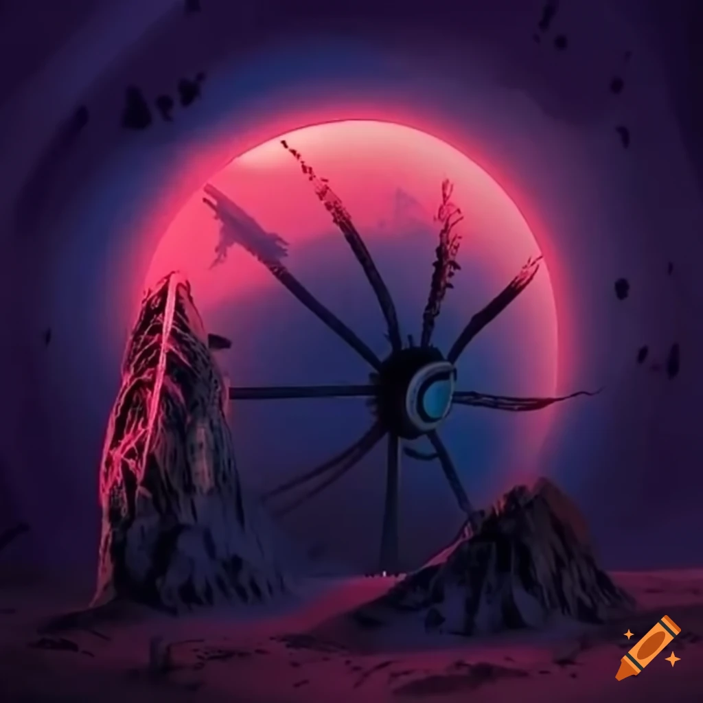Wagon wheel stuck between mountains in Tim Burton style