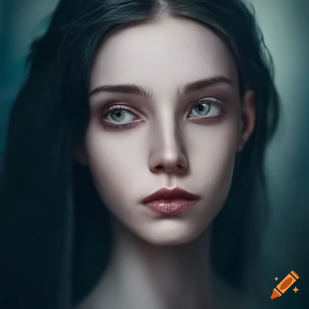 Ethereal portrait of a woman with long dark hair and captivating eyes ...