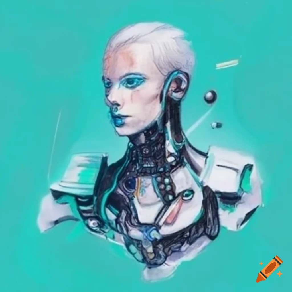 Shimmering high-tech male cyborg in black ink with light cyan hair