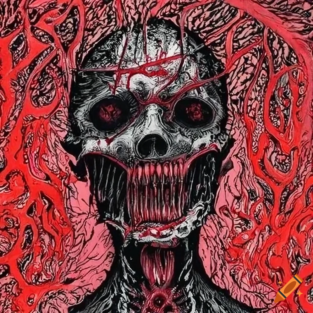 Intricate black, red, and white ink drawing of a tormented ghost overwhelmed by anxiety