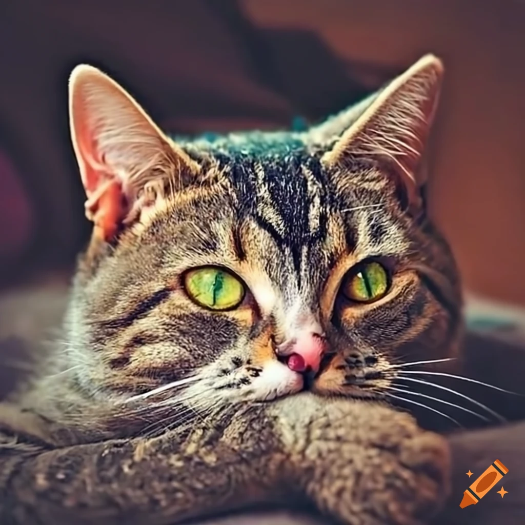 Surprised pampered pet cat settling comfortably in a cozy house