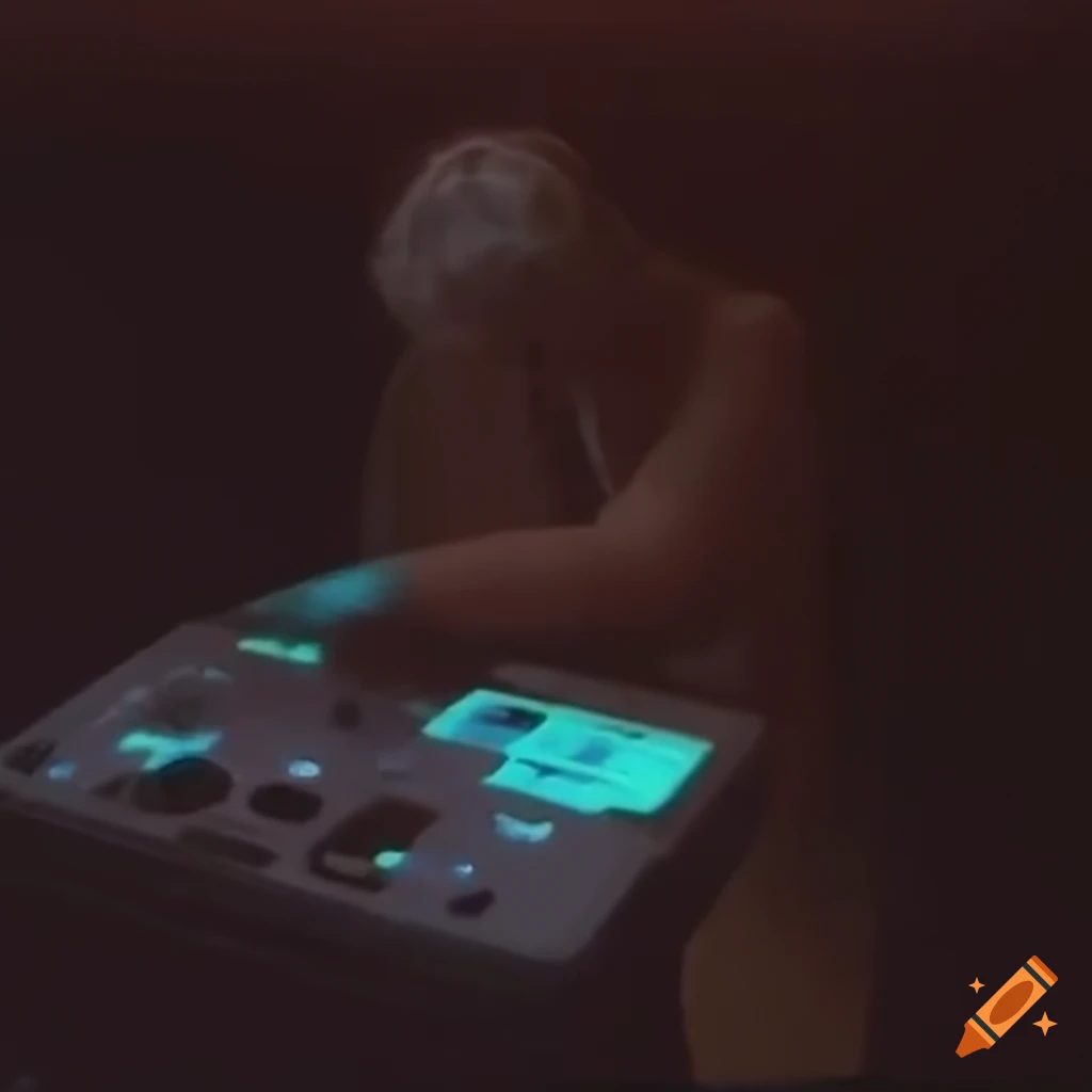Vintage VHS-movie scene with an old man and a woman playing cassette tapes in a video game synthesizer gallery
