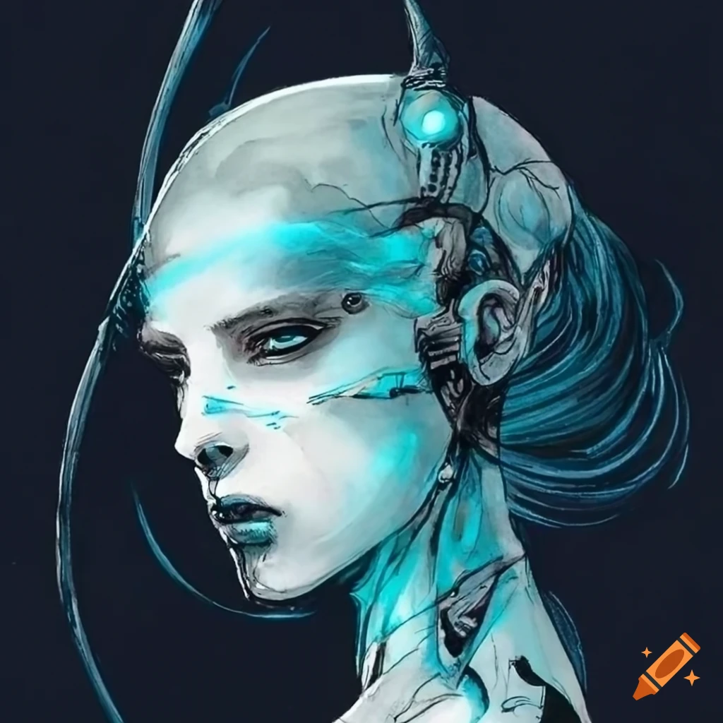 High-tech male cyborg in black ink with light cyan hair, inspired by Amano and Otomo