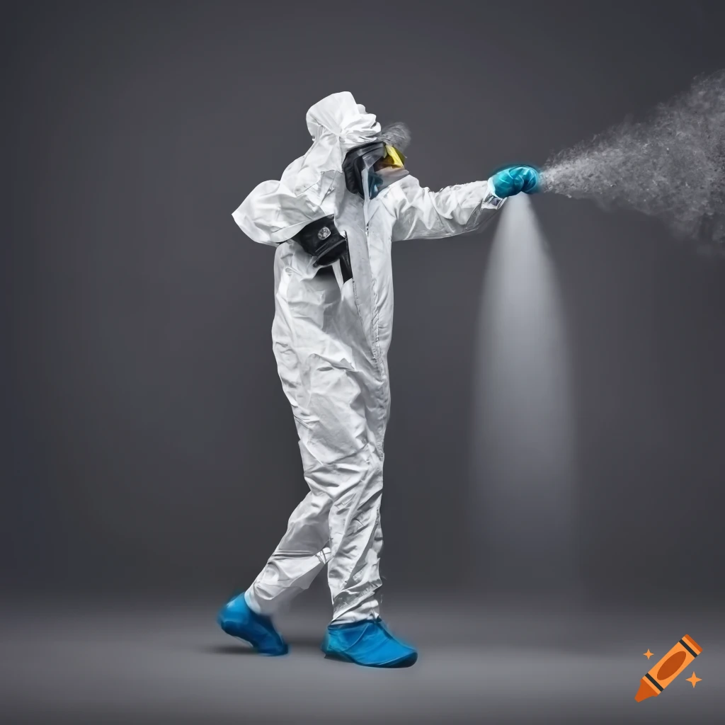 Futuristic firefighter in hazmat suit spraying hose on black background