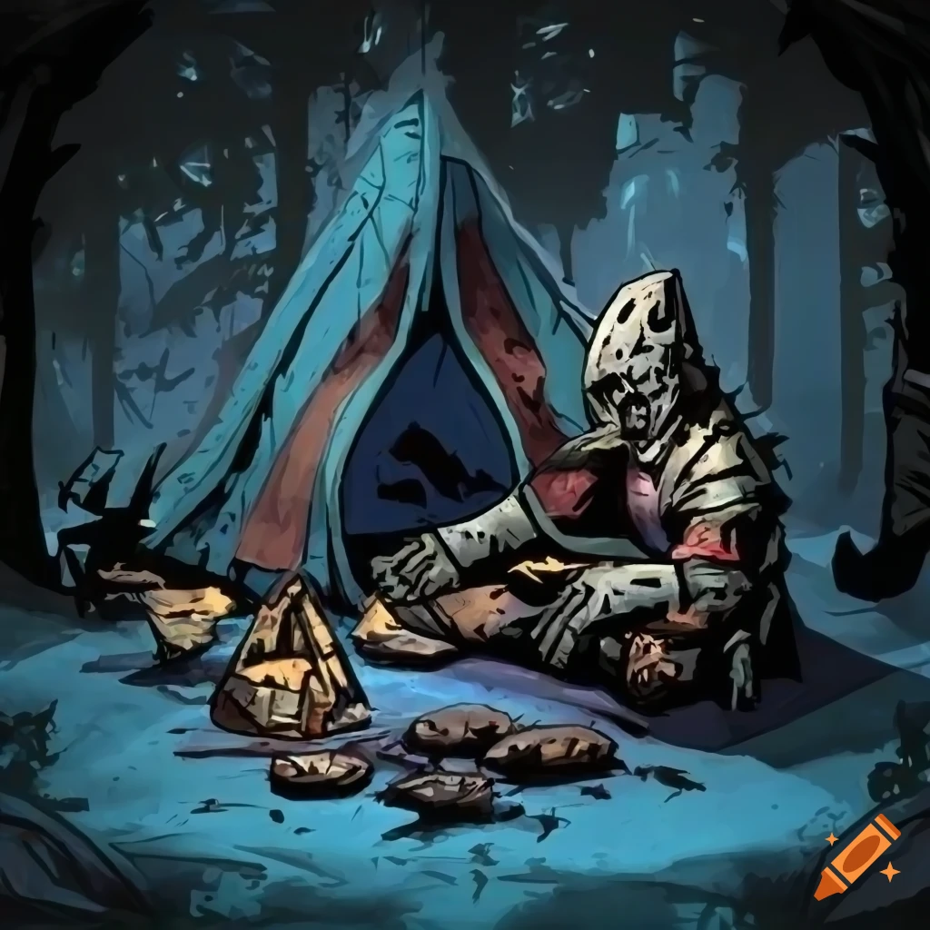 Highly detailed camping rest in Darkest Dungeon style with blue and black background