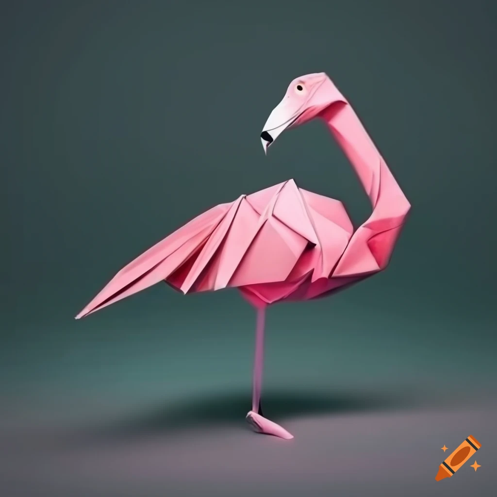 Origami flamingo with tropical flowers in masculine art fashion print