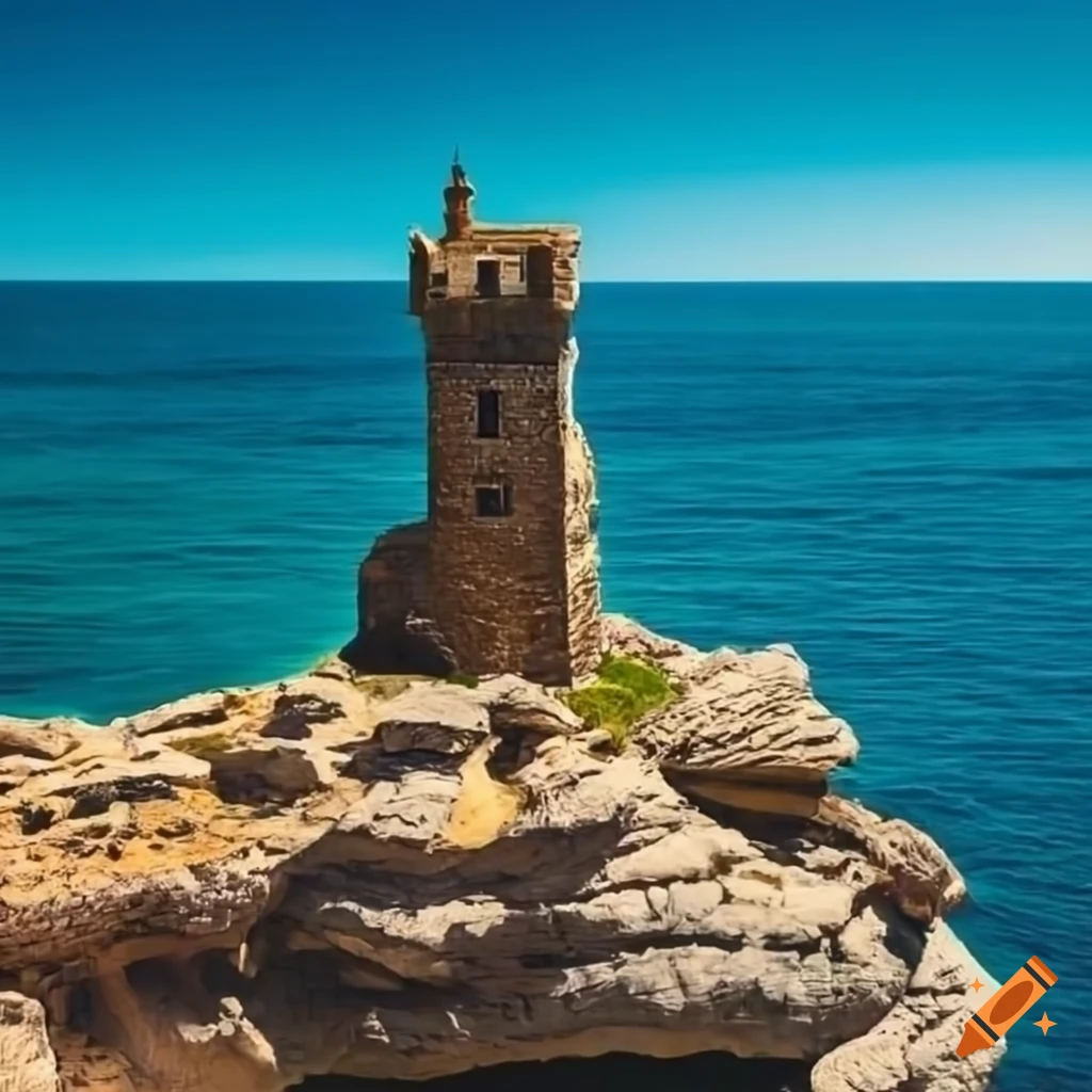 Tower on a cliff with rugged stones overlooking the sea on Craiyon