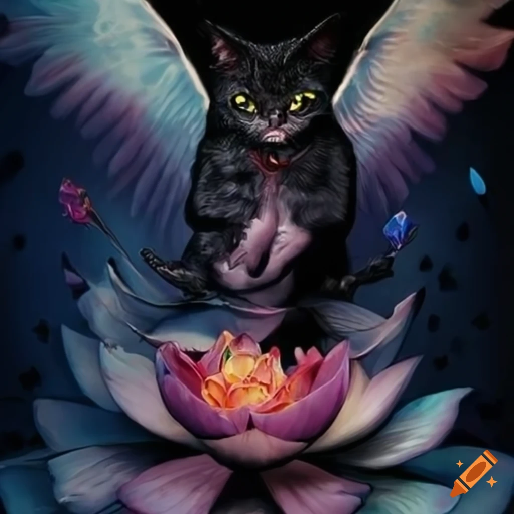 Strange art of a black cat with a witch and gemstones in a Lotus flower, 80s aesthetic