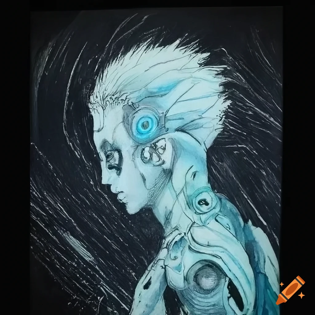 Shimmering high-tech male cyborg in black ink with light cyan hair on ...