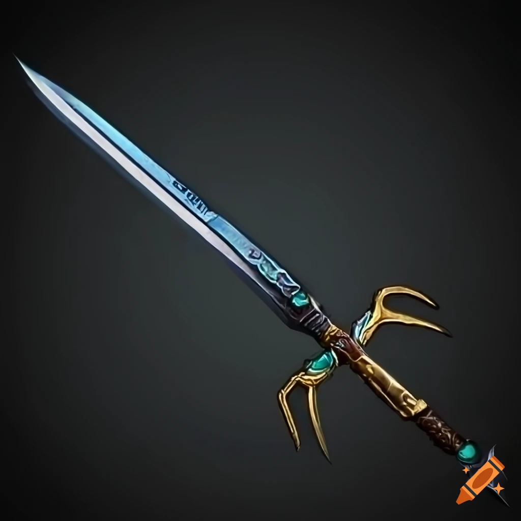 Mythic straight elite sword in a vertical symmetrical composition on a black background