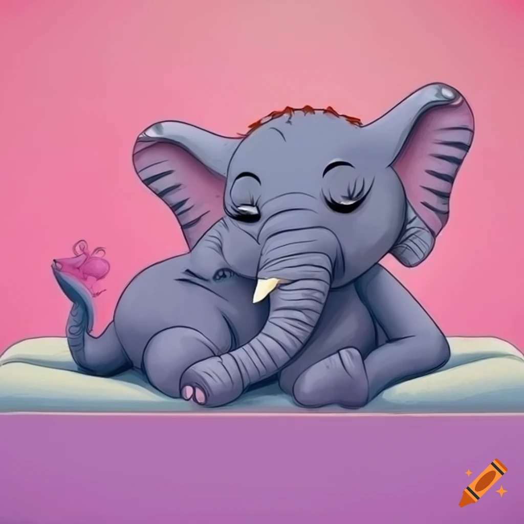 Baby elephant sleeping on a couch in a cartoon style
