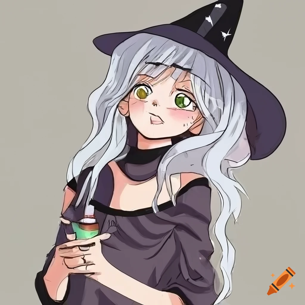 Beautiful girl with white hair, witch hat, and potion in a whimsical drawing style