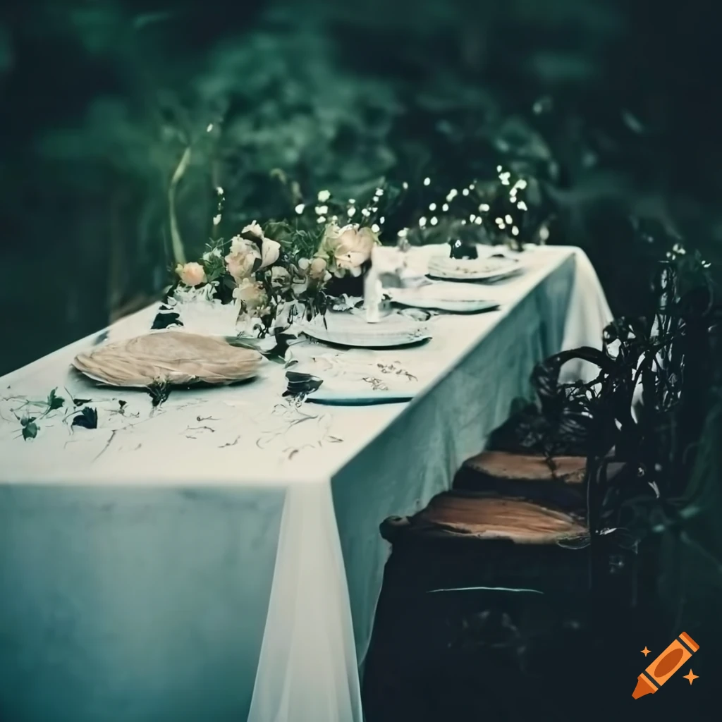 White wedding table overgrown and decaying