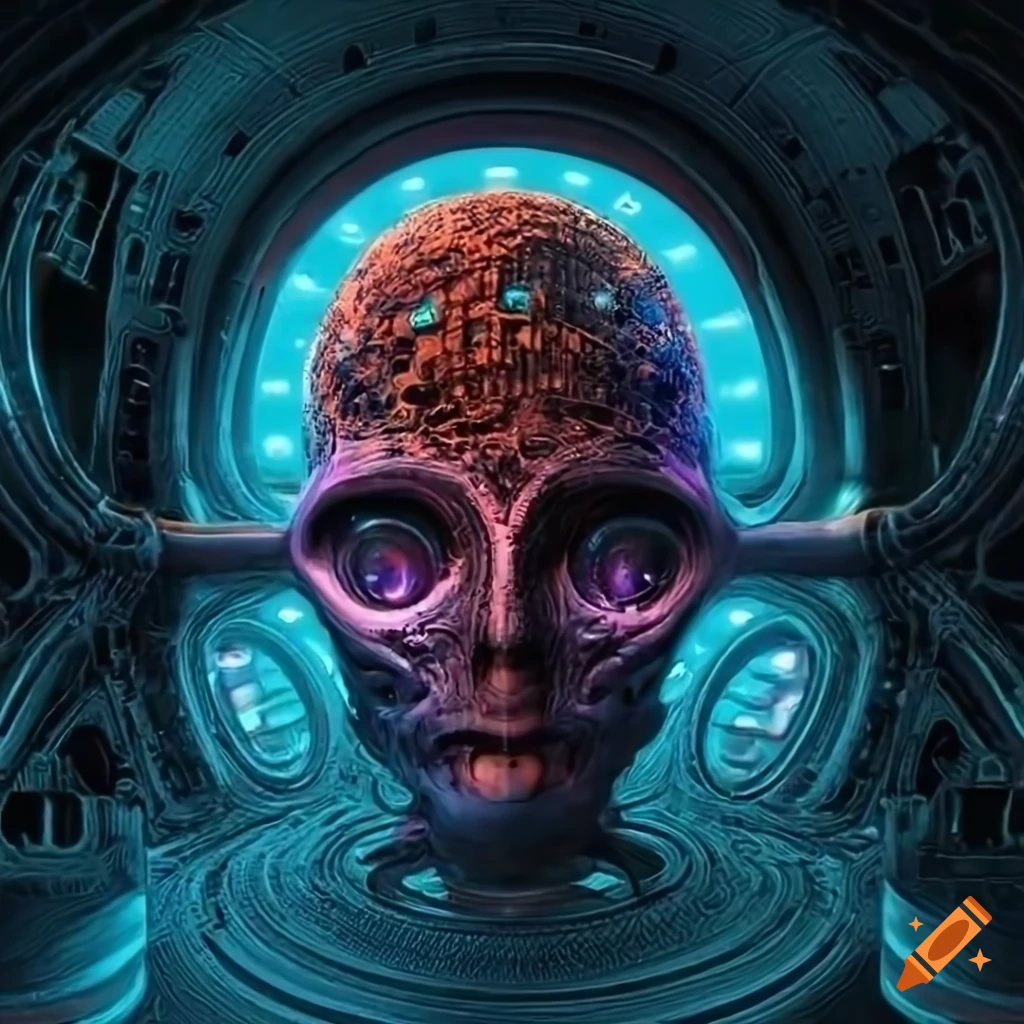 Surrealist aliens exploring inside an asymetric organic spaceship with strange machines and light boards