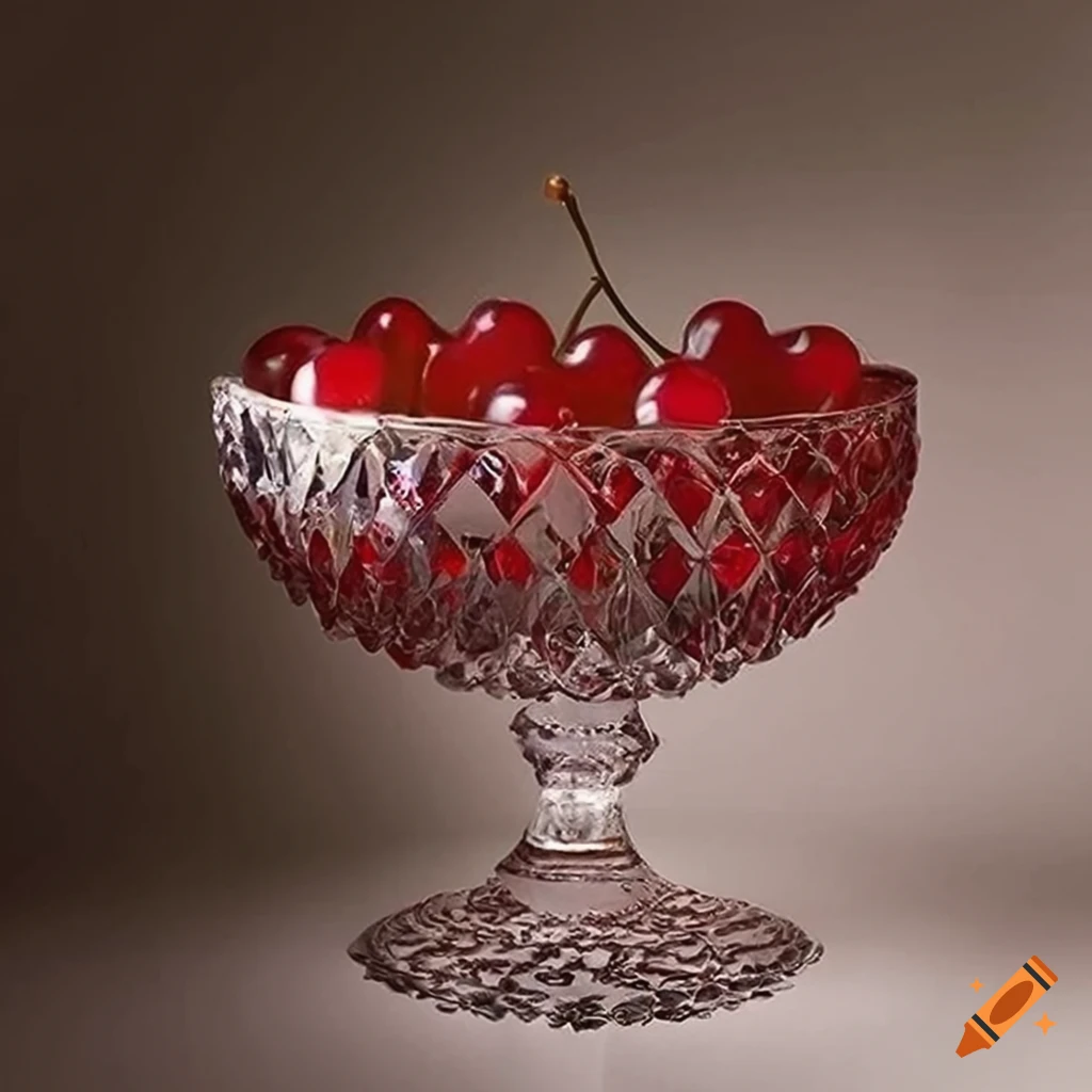 Elegant crystal bowl filled with glass cherries on a lace-covered table with warm lighting